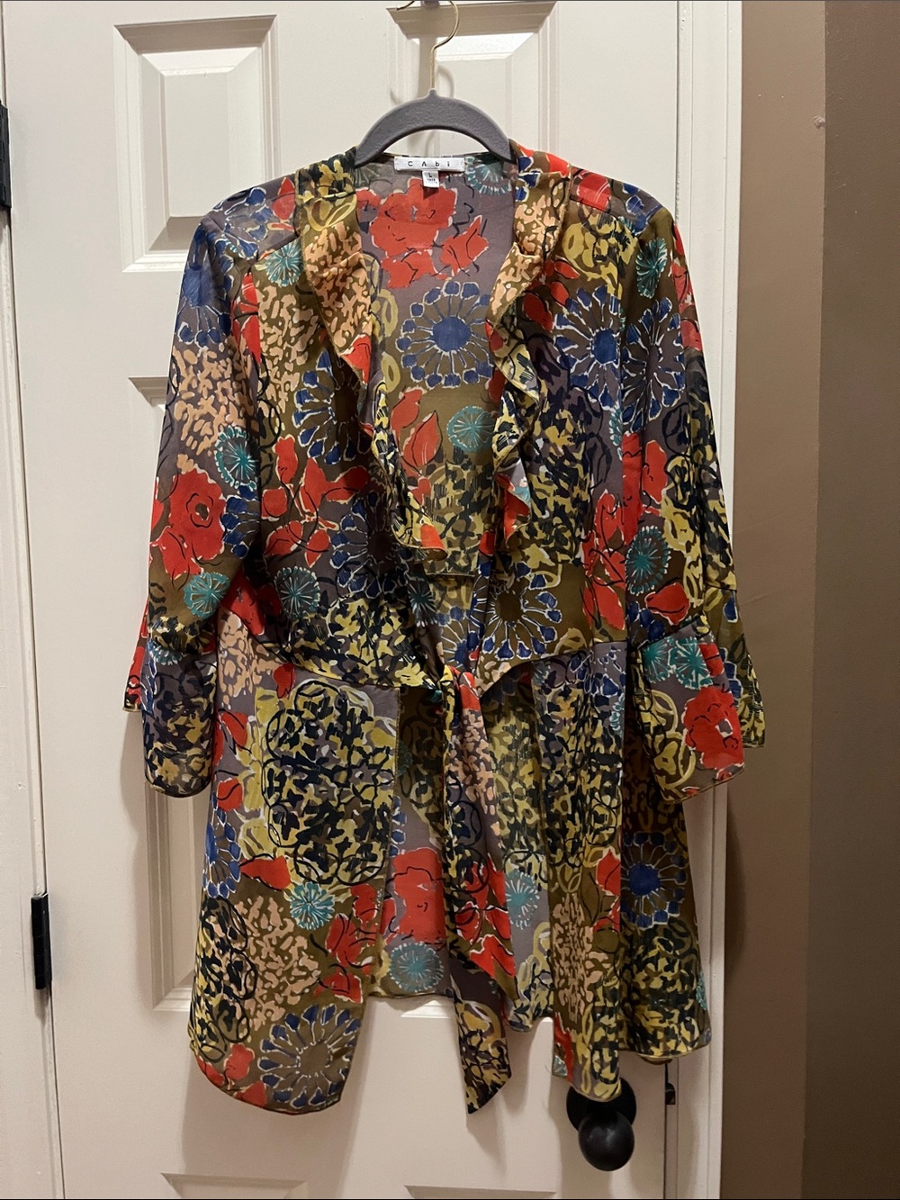 CAbi Shakespeare Floral Tie Front Kimono Top featuring a sheer, lightweight.